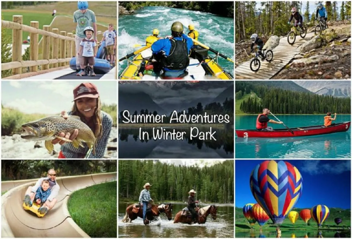 A vibrant scene capturing families and groups engaging in a variety of outdoor adventure activities. The image includes people rafting on a river, mountain biking, fishing, canoeing, horseback riding, sliding down a water slide, and colorful hot air balloons ascending above a breathtaking mountain landscape. The natural surroundings are lush and inviting, conveying a sense of joyful exploration and adventure across all seasons.