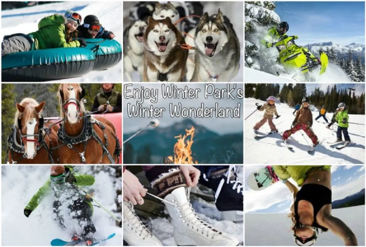 A festive winter setting featuring people tubing down snowy hills, a team of huskies ready for dog sledding, snowmobilers, a horse-drawn sleigh, a group gathered around a fire, children skiing, a snowboarder in action, and ice skaters on a frozen pond. The mood is lively and communal, capturing the thrill and warmth of winter outdoor experiences.